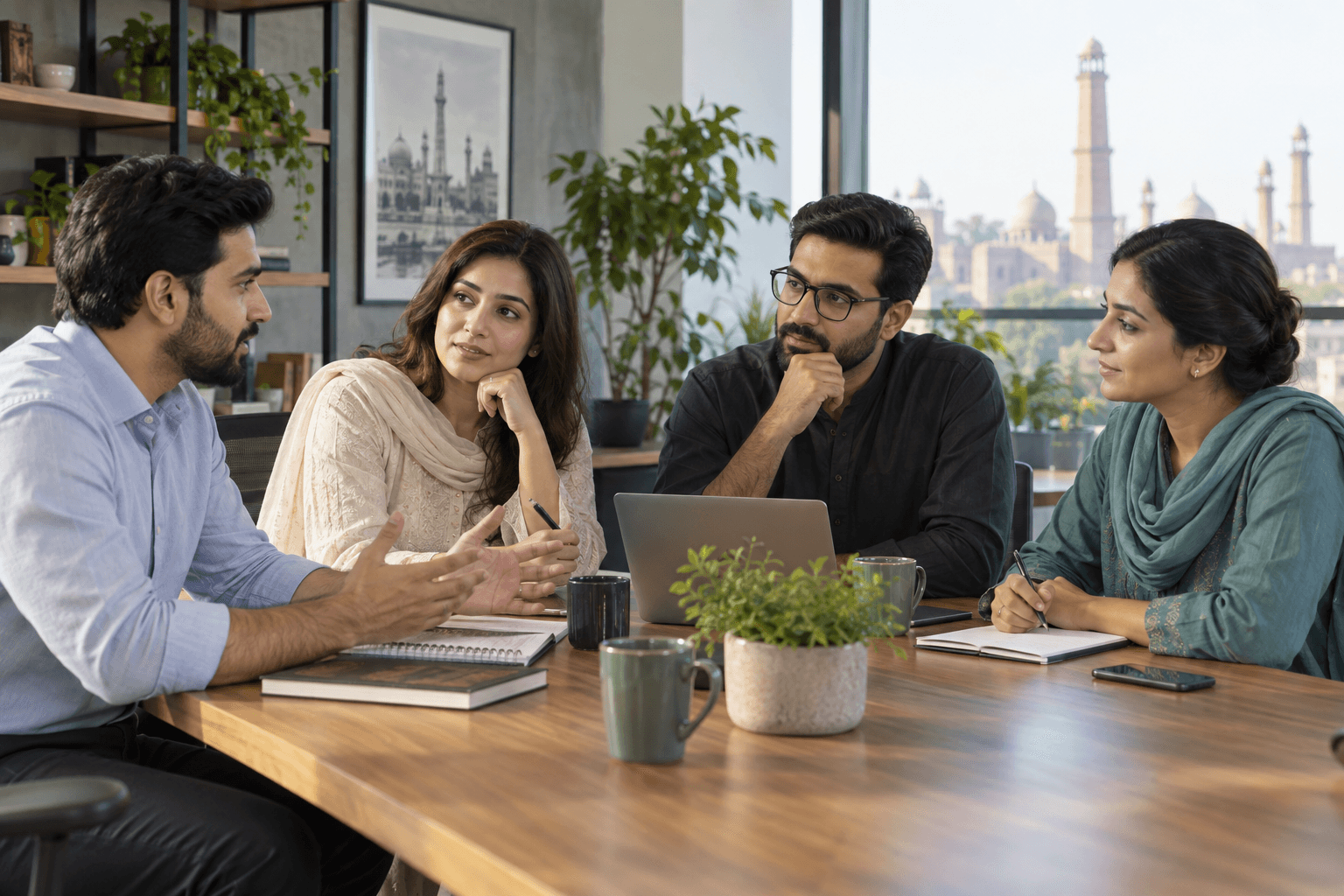 Four professionals listening and discussing ideas around a table.